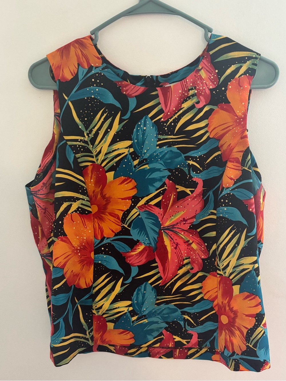 Vintage Tropical Floral Sleeveless Camisole - Black with Red & Teal